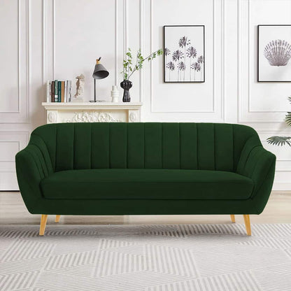 Modern 3-Seater Green Channel Tufted Upholstered Sofa with Wooden Legs -Shivora Crafts