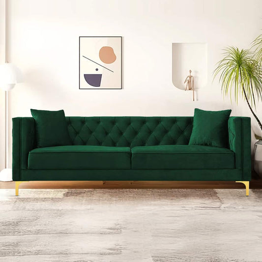 Luxury 3-Seater Green Tufted Upholstered Sofa with Gold Legs