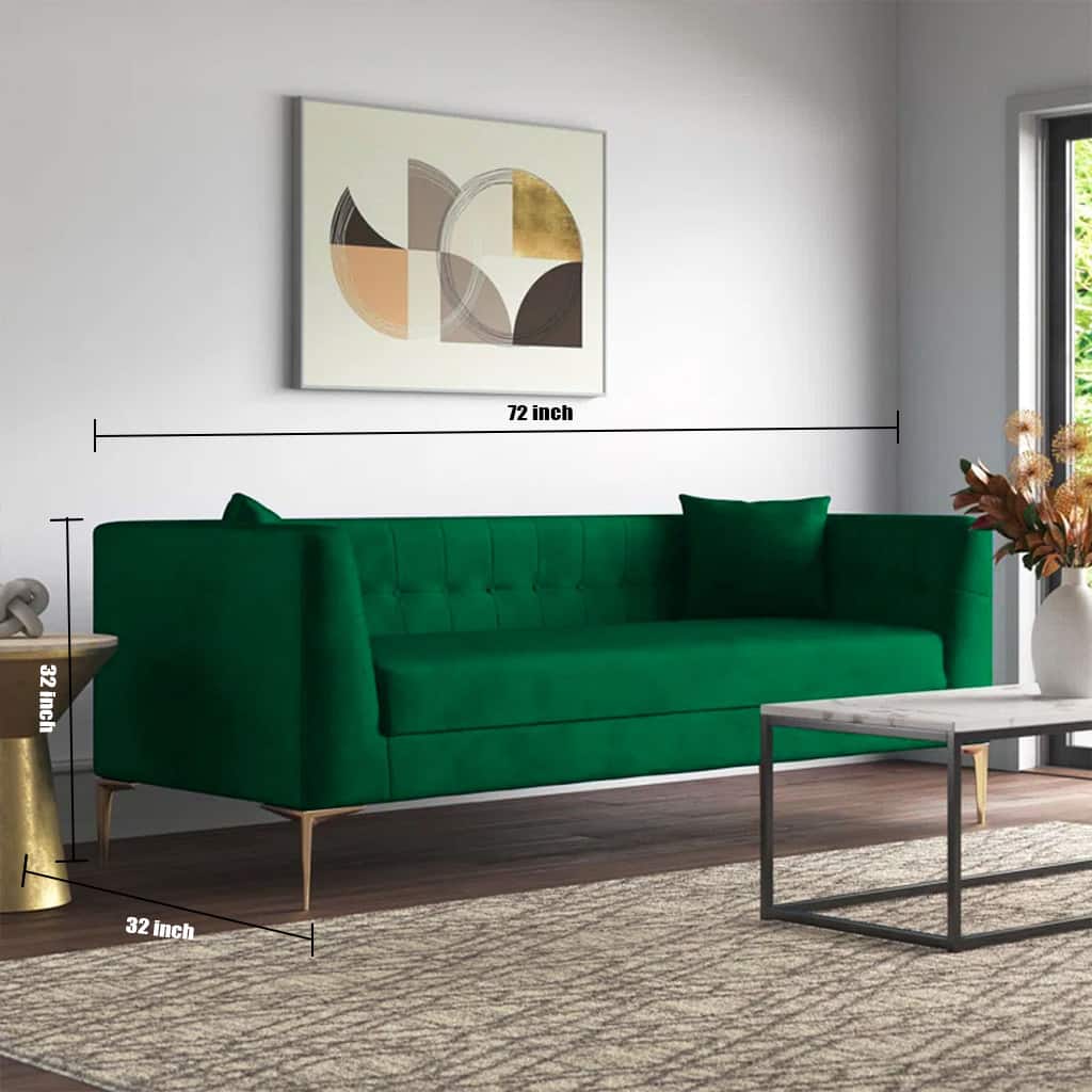 Modern 3-Seater Green Upholstered Sofa with Gold-Tone Legs